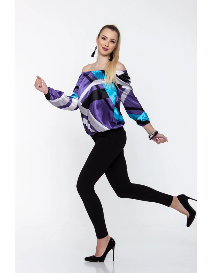 Trixi gumisnyakú blúz - fényes kék/lila/fekete